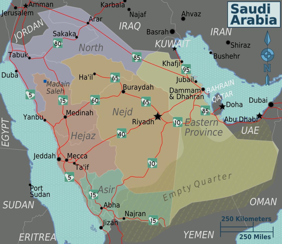 Karte von Saudi-Arabien mit den Städten Entfernung