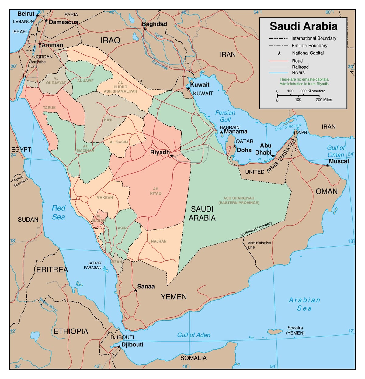 Karte von Umriss Saudi-Arabien mit den Nachbarländern
